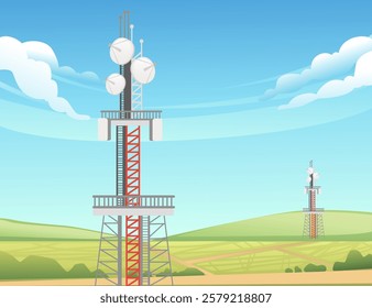 Red and white telecom tower adorned with several satellite dishes. High communication tower. Signal relay transmission antenna. Structural broadcasting pylon. Vector illustration with rural landscape