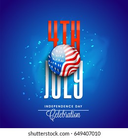 Red and White Text 4th July with American Flag Button on shiny blue background for Independence Day celebration.