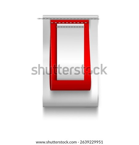 Red and white textile several loop labels sewn vertically. Fabric tag for textile. Vector realistic mockup of cloth cotton or silk badge. Woven fashion sticker for size, material, wash information