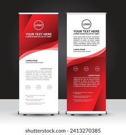 Red and white theme Roll Up Banner template, standing banner design, advertisement, flyer and display. Vector Design.