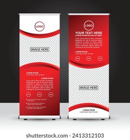 Red and white theme Roll Up Banner template, standing banner design, advertisement, flyer and display. Vector Design.