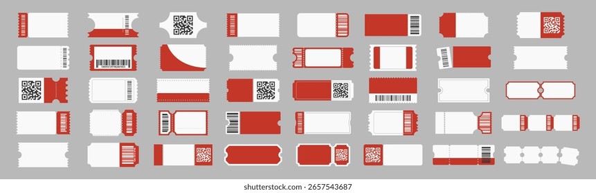 Conjunto de iconos de boletos rojos y blancos. Plantillas de Cupón de Vector con código de barras, código QR y áreas en blanco para eventos, cine, conciertos o promociones