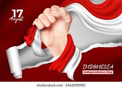 página rasgada roja, blanca Indonesia Día de la Independencia ilustración de la mano sosteniendo la bandera