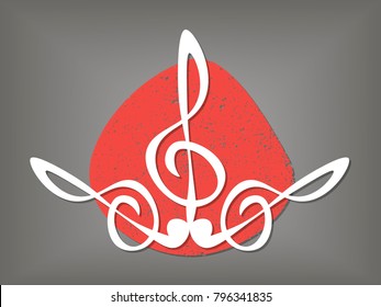 Red and white treble clef, music key logo with red retro backgroud, vector illustration