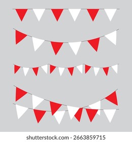 Coleção de sinalizadores de bunting de triângulo branco vermelho. Ilustração vetorial vermelho e branco pendurado bandeiras triângulo grinalda para celebração, carnaval e festival