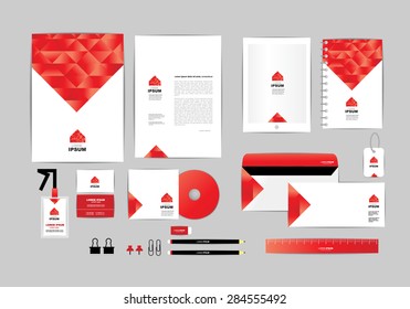 Red And White With Triangle Corporate Identity Template For Your Business Includes CD Cover, Business Card, Folder, Ruler, Envelope And Letter Head Designs A