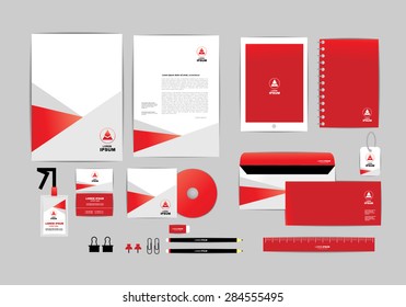 red and white with triangle corporate identity template for your business includes CD Cover, Business Card, folder, ruler, Envelope and Letter Head Designs B