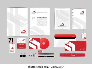red and white with triangle corporate identity template for your business includes CD Cover, Business Card, folder, ruler, Envelope and Letter Head Designs