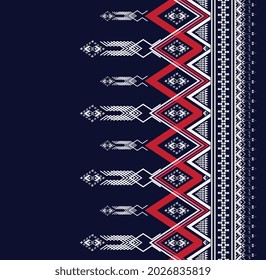 
Formas de triángulo rojo y blanco del diseño de bordado de textura étnica geométrica con fondo azul oscuro o papel de pared y falda, alfombra, papel de pared, ropa, envoltura,Batik,tela,vector de hojas, ilustración
