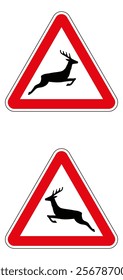 Red and white triangular road sign warning drivers about leaping deer crossing the road.