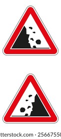 Red and white triangular road signs warning of falling rocks and debris from a cliff or mountainside.