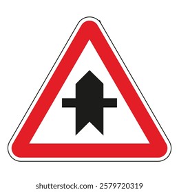 Red and white triangular warning road sign indicating a side road joining from the left.