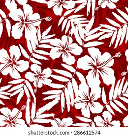 Red and white tropical flowers silhouettes vector seamless pattern