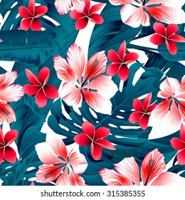 Red and white tropical hibiscus flowers seamless pattern.