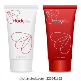 Red and white tubes.Beautiful woman design. Vector. Place for your text.