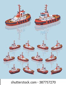 Red and white tugboat. 3D lowpoly isometric vector illustration. The set of objects isolated against the light-blue background and shown from different sides