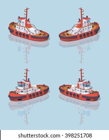 Red and white tugboat. 3D lowpoly isometric vector illustration. The set of objects isolated against the light-blue background and shown from different sides