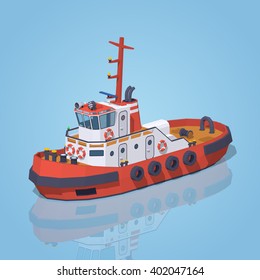 Red and white tugboat against the blue background. 3D lowpoly isometric vector illustration