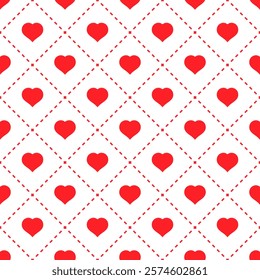 Red and White Valentine's Day Dashed Line Rhombus with Hearts Seamless Pattern vector illustration