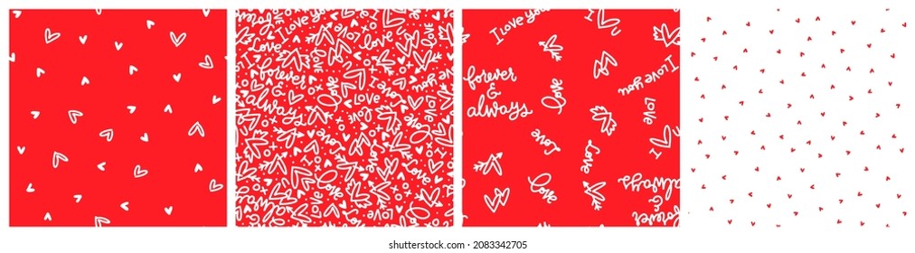 Red and white Valentines day vector seamless pattern set. Heart, love text colorful coordinating designs.