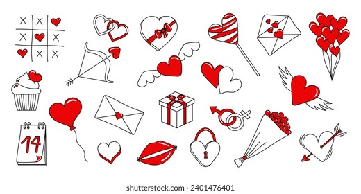 Red and white Valentines stickers for Valentine's Day. Hand drawn set of valentines. Vector illustration