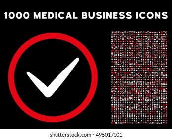 Red And White Valid vector bicolor rounded icon. Image style is a flat icon symbol inside a circle, black background. Bonus clipart includes 1000 medical business elements.