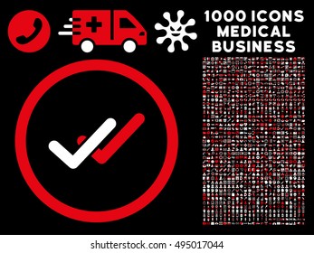 Red And White Validation vector bicolor rounded icon. Image style is a flat icon symbol inside a circle, black background. Bonus clip art contains 1000 medical business pictograms.