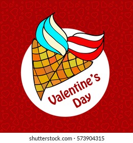 red white vector card with ice cream on Valentine's Day