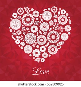 Red white vector flowers arranged in a shape of heart. Wildflowers wreath, Perfect for Valentine's Day cards, invitation, designs.