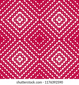 Red and white vector geometric seamless pattern with small rhombuses, lines, squares, grid. Ethnic ornamental background with halftone transition effect. Festive graphic texture. Repeatable design