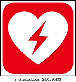 Red and white vector graphic of a CPR,AED indicating a defibrillator device located close by