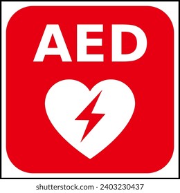 Red and white vector graphic of a CPR,AED indicating a defibrillator device located close by