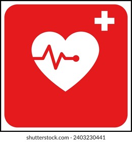 Red and white vector graphic of a CPR,AED indicating a defibrillator device located close by