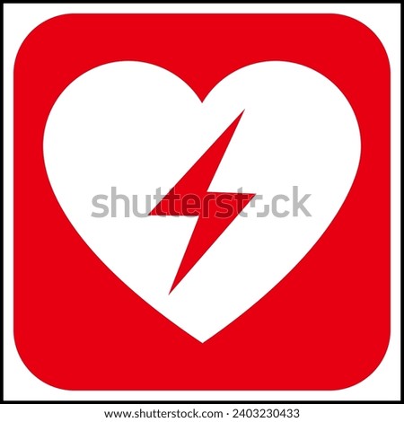 Red and white vector graphic of a CPR,AED indicating a defibrillator device located close by
