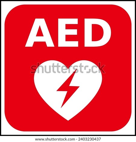 Red and white vector graphic of a CPR,AED indicating a defibrillator device located close by