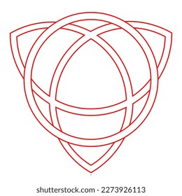 Red and white vector graphic of a pathways forming a continuous loop between the points of an equilateral triangle, symmetrically overlaid by a circular pathway