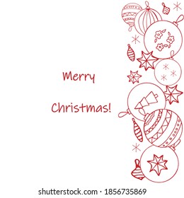 Red and white vector greeting card with christmas bauble. Doodle style vertical bordure for decoration, wrapping, coloring page.