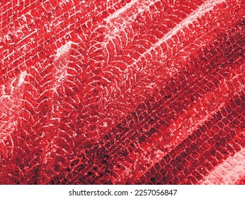 Red and white vector grunge background with texture of tire tracks on snow. UHD 4K wallpaper. For screen, desktop, website design, overlay, stencil, background, stylization, design and polygraph