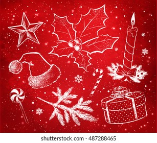 Red and white vector hand drawn Christmas decoration set on watercolor grunge background with falling snow and light sparkles.