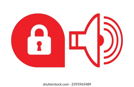 Red and white vector icon depicting a locked padlock and a speaker, symbolizing audio security, privacy protection, and sound restriction