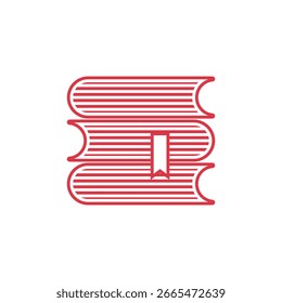 A red and white vector icon depicting three stacked books with horizontal lines and a bookmark in the middle book.