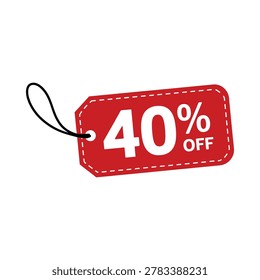A red and white vector illustration of a sale tag displaying forty percent off, isolated on a white background.
