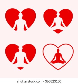 Red and white vector love yoga set. Spiritual energy illustration. Collection of yoga center emblems. Purified soul image. Pieceful man silhouette. Heart outline. Religious logo.