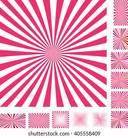 Red And White Vector Ray Burst Design Background Set. Different Color, Gradient, Screen, Paper Size Versions.