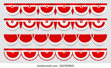 Vector rojo y blanco: cintas de seda realistas decoraciones navideñas para el Día de la Independencia con colores de banderas nacionales de Indonesia, Polonia, Singapur, Dinamarca, Mónaco, Perú, Georgia, Austria y Túnez