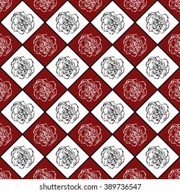 Red and white vector seamless chess styled vintage texture with clove flower. Vector illustration