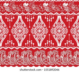 Red and white vector seamless pattern, xmas ornament. Ethnic wallpaper. Design for christmas card, invitation, wrapping paper, background, backdrop