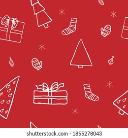 Red and white vector seamless pattern with christmas tree, gifts, socks. Doodle style for decoration, wrapping, invitation card.