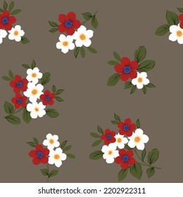 flores vectoriales rojas y blancas con lienzos de hojas verdes patrón sobre fondo marrón