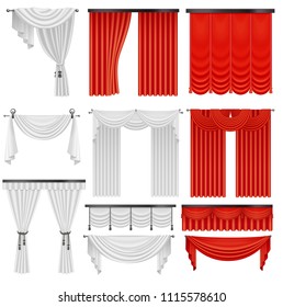 Red and white velvet silk curtains and draperies set. Interior realistic luxury scarlet curtains decoration design.